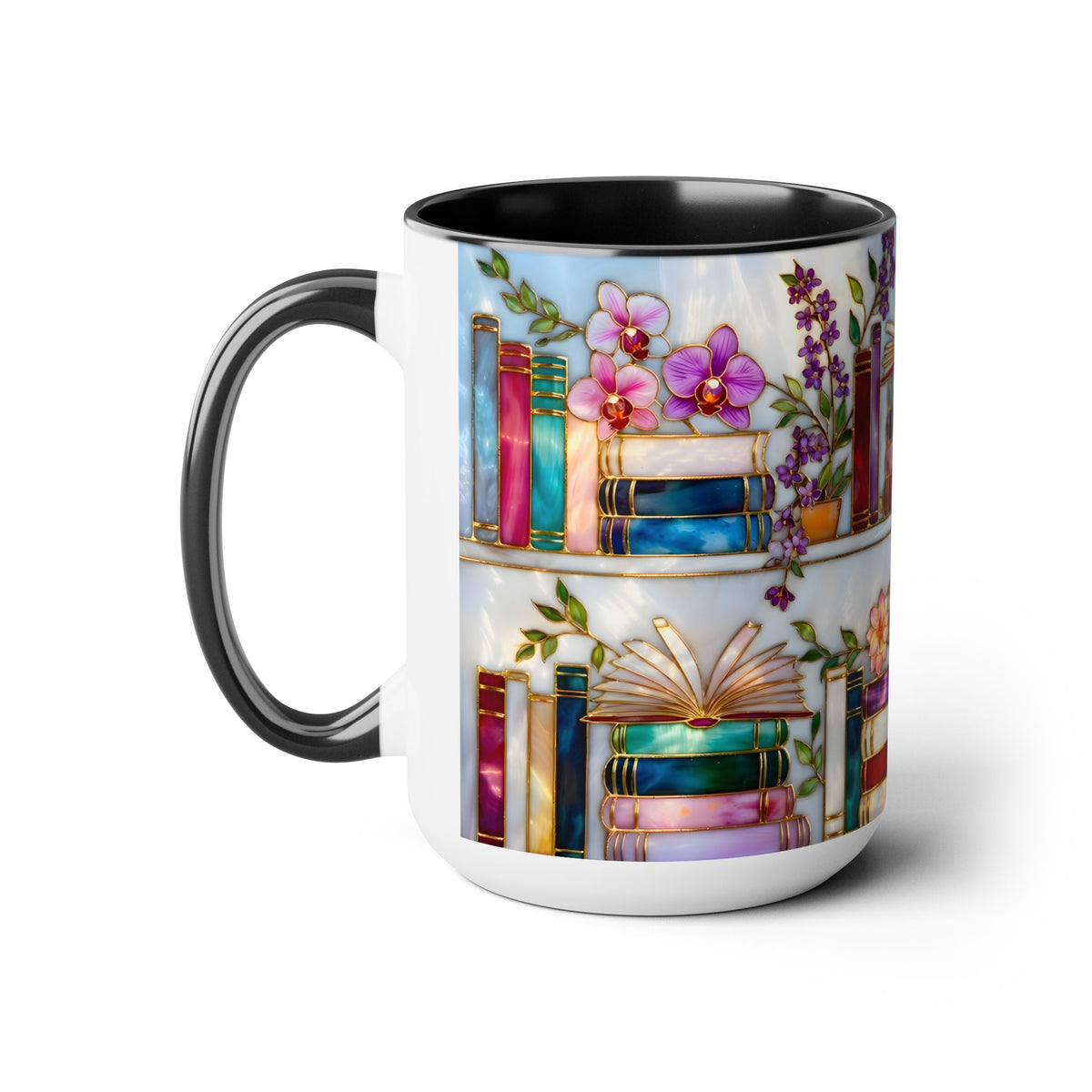 Floral Bookshelf Mug for Book Lovers, Bookish Library Coffee Cup, Black Ceramic 15oz, Stained Glass Style Design