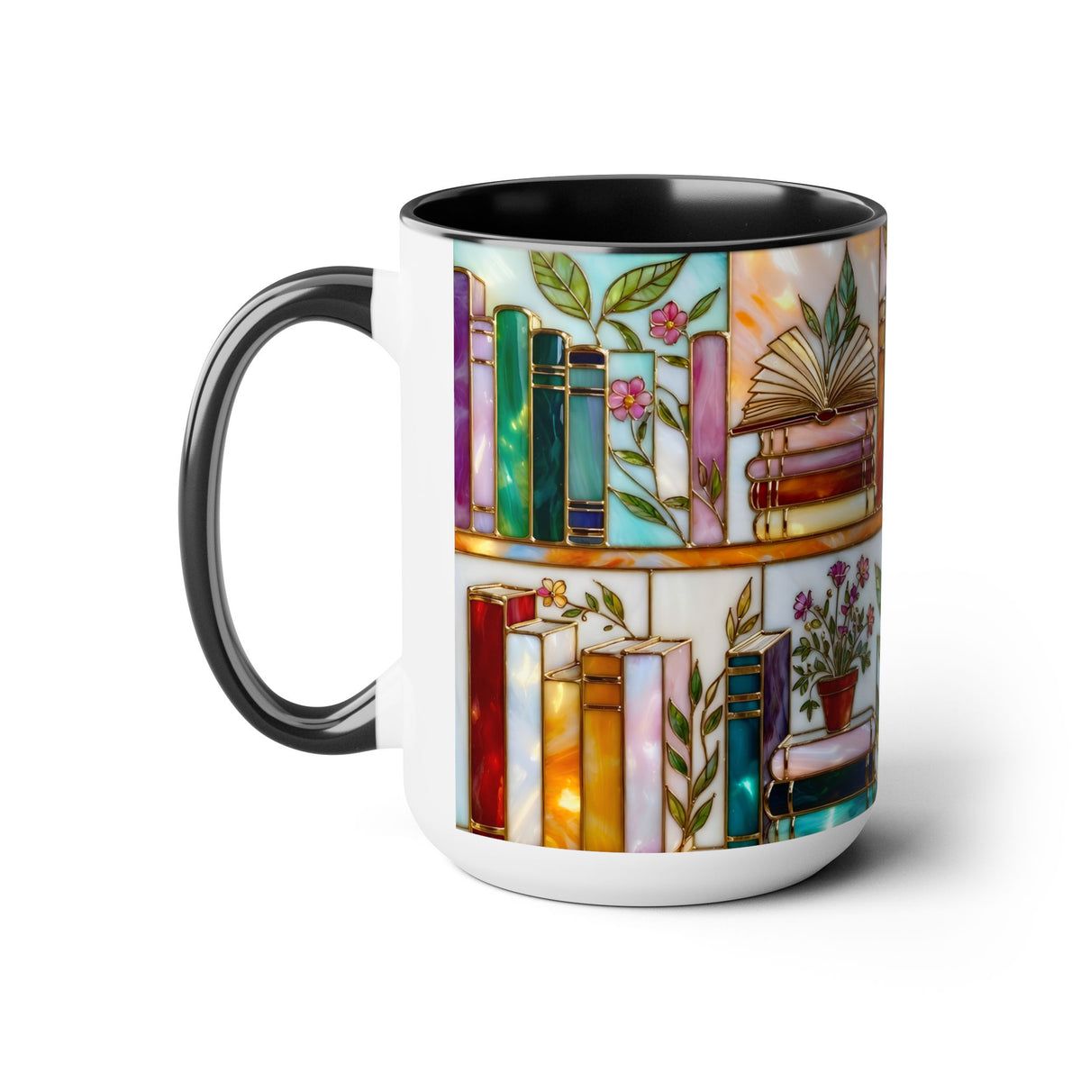 Floral Book Mug, Bookish Stained-Glass Style Mug, Book Lover Gift, Library Aesthetic Cup, Teacher Gift, Reading Mug 15oz