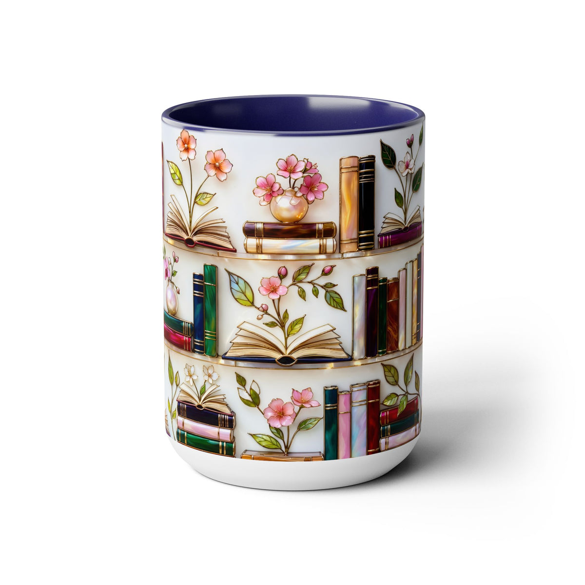 Stained Glass Bookshelf Mug, Book Lover Gift, Floral Bookish Cup, Library Aesthetic Mug, Ceramic Accent Mug, Reader Gift, Cozy Book Mug