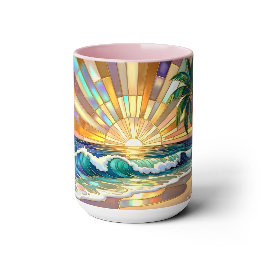 Beach Sunrise Stained Glass Style Mug, Coastal Ocean Coffee Cup, Sunrise Sea Mug, Beach Lover Cup 15oz