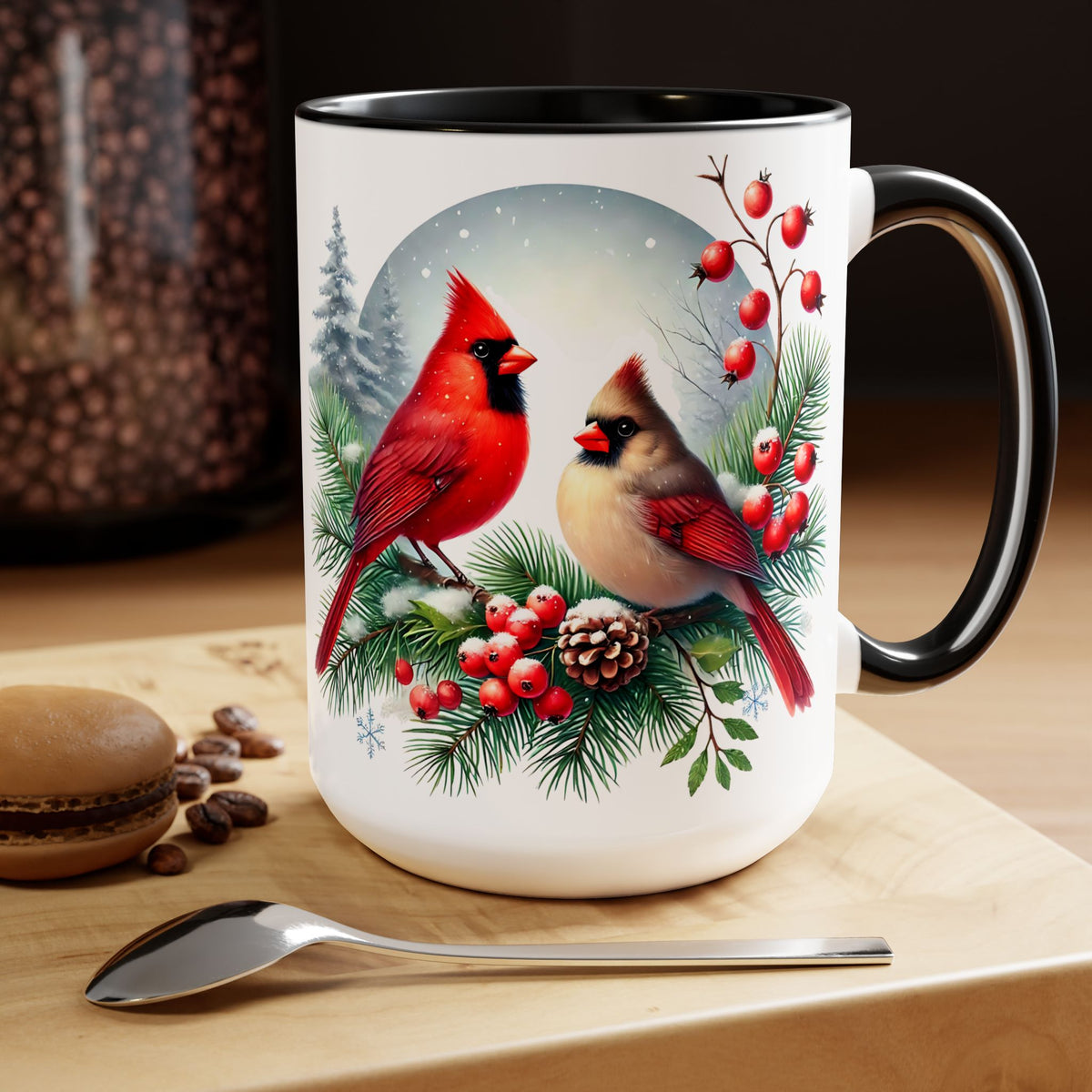 Cardinal Christmas Mug, Bird on Snowy Branch Mug, Bird Retro Christmas Mug, Cottagecore Mug, Christmas Cardinal Pair Mug, Christmas Mug 15oz