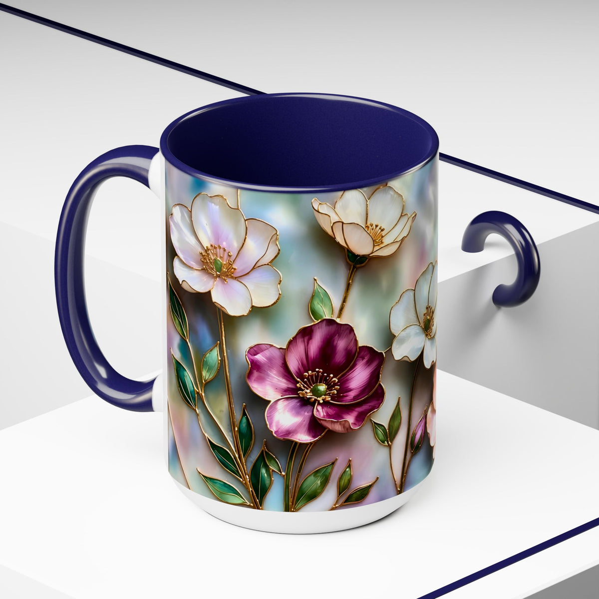 Stained Glass Style Floral Mug, 15 oz, Pink, Purple & Peach Wildflowers Cup