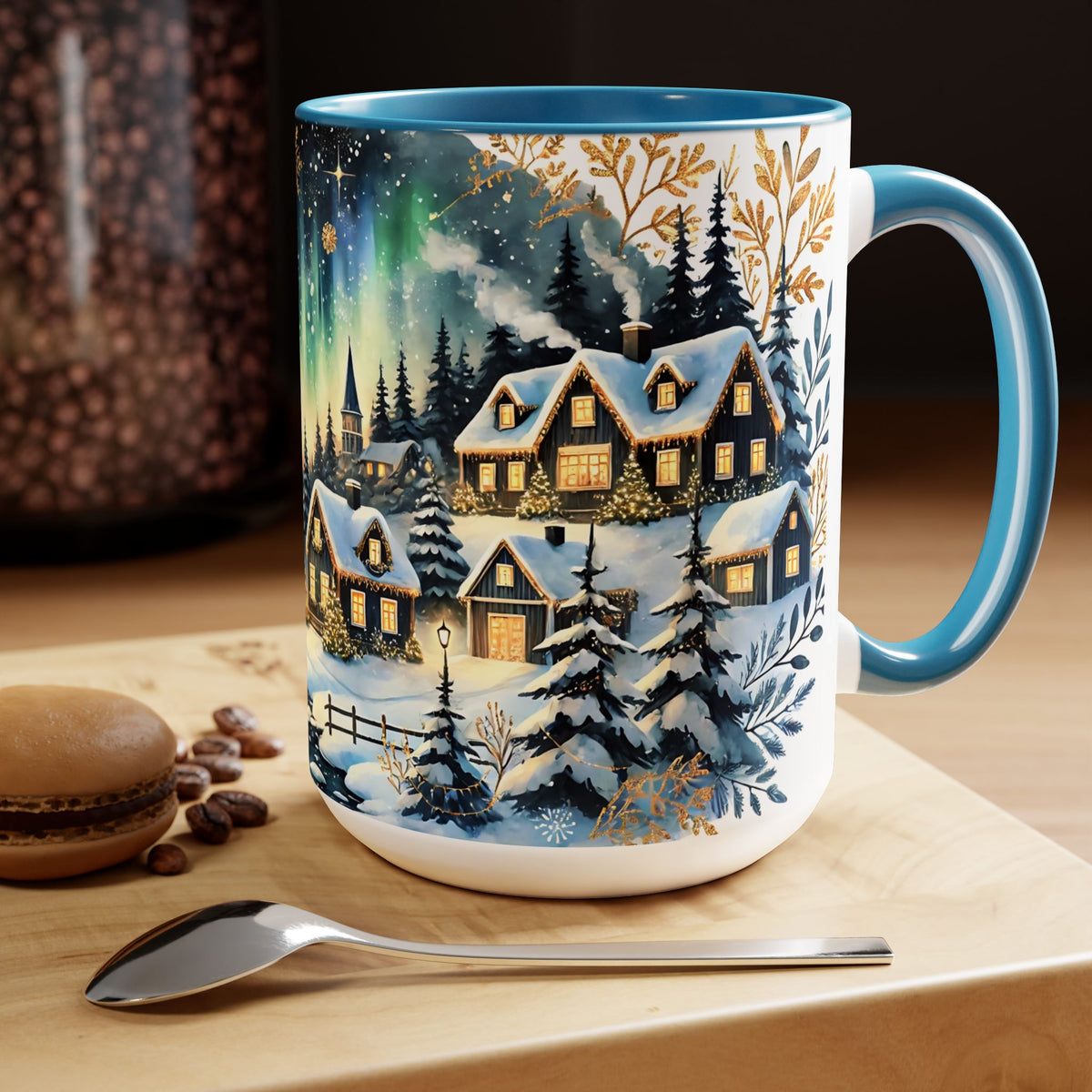 Christmas Village Mug, Christmas Cabin Mug, Merry Christmas Mug, Winter Mug, Unique Christmas Gift, Big Mug, Vintage Style Mug 15oz