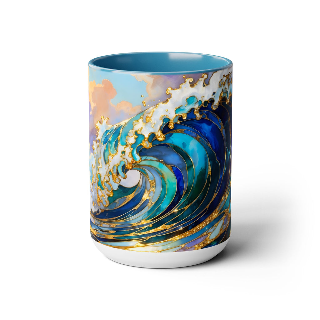 Ocean Waves Stained Glass Style Coffee Mug, Coastal Beach Decor Cup, Nautical Sea Wave Art Mug 15oz