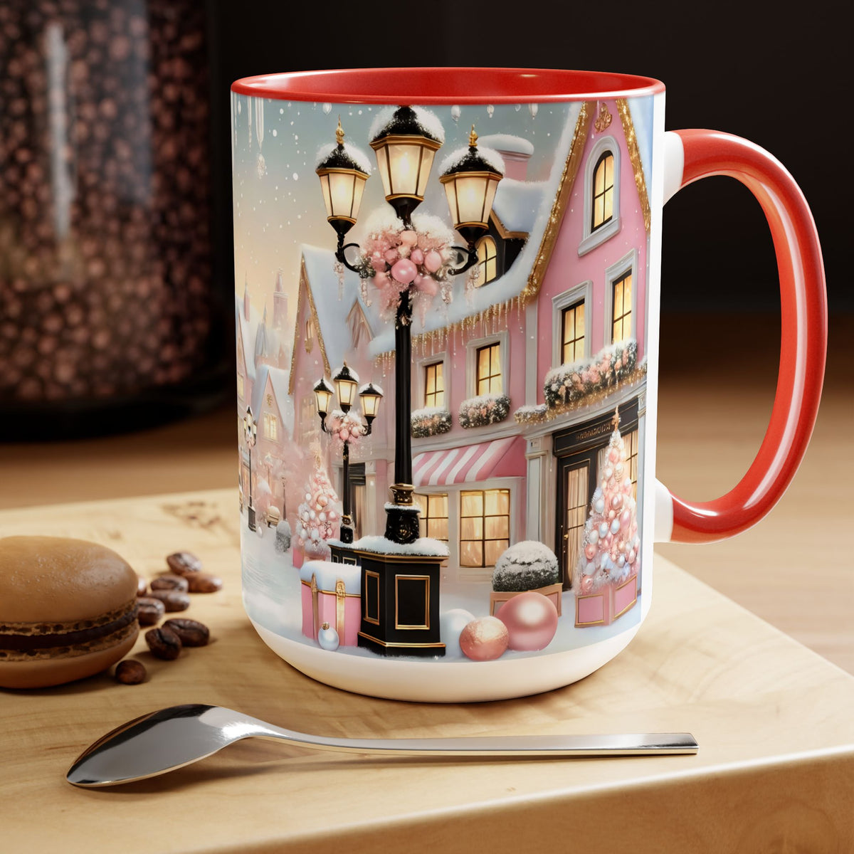 Pink Christmas Village Mug, Christmas Coffee Mug, Elegant Pastel Winter Village Ceramic Cup, Christmas Home Decor Kitchen, Winter Mug 15oz