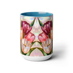 Stained Glass Style Tulip Mug, 15 oz, Pink & Peach Floral Coffee Cup, Spring Mug