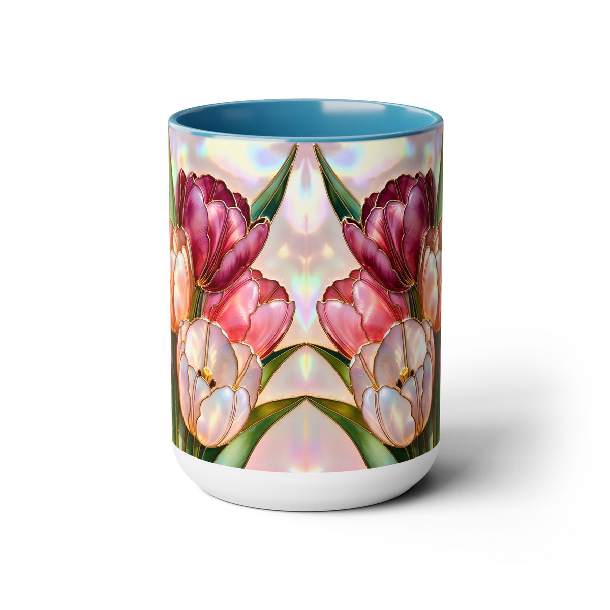 Stained Glass Style Tulip Mug, 15 oz, Pink & Peach Floral Coffee Cup, Spring Mug