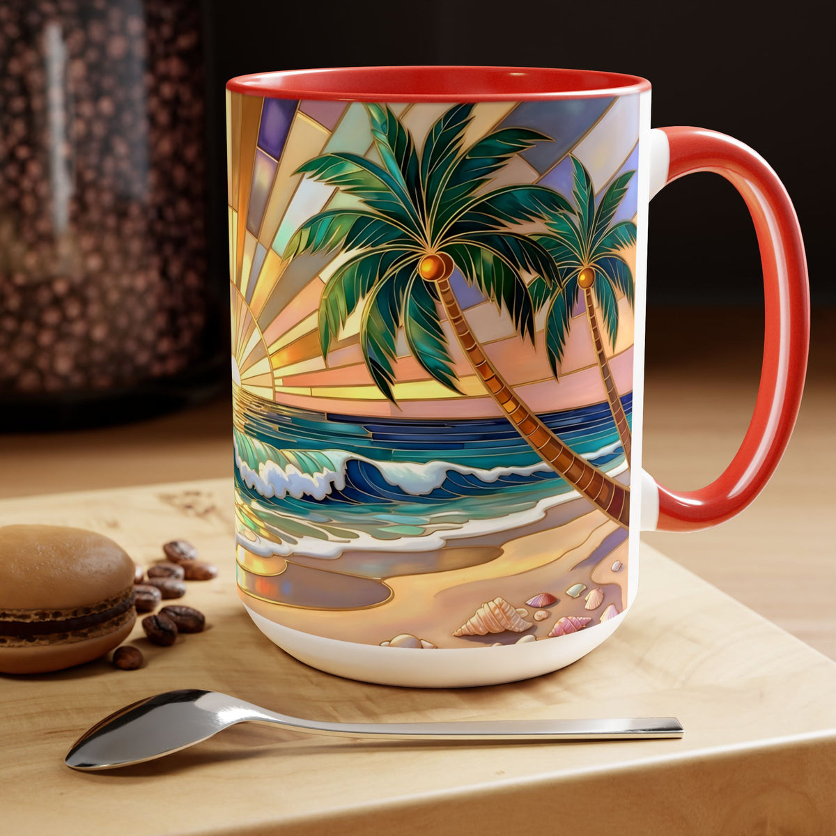 Beach Sunrise Stained Glass Style Mug, Coastal Ocean Coffee Cup, Sunrise Sea Mug, Beach Lover Cup 15oz