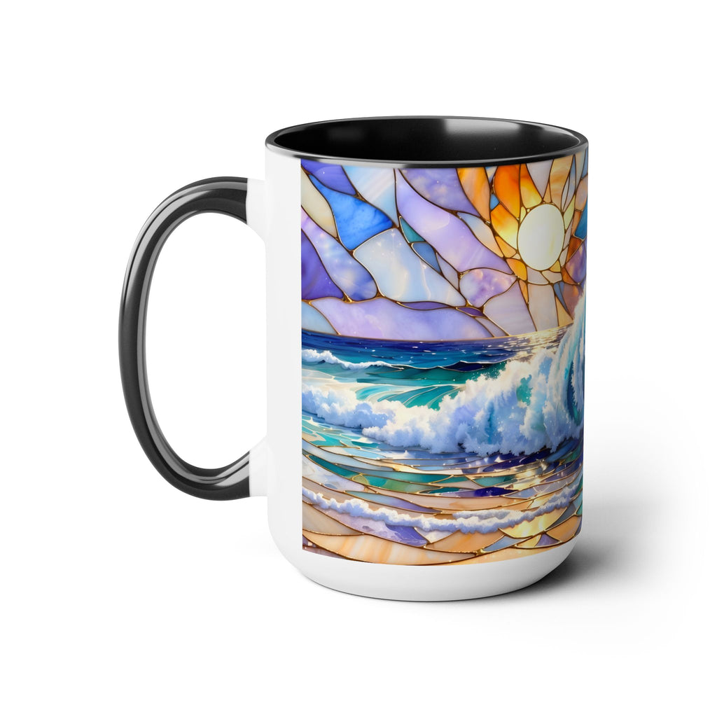 Stained Glass Style Ocean Wave Mug, Colorful Coastal Coffee Cup, Beach Sunrise Ceramic, Ocean Lover Gift Cup 15oz