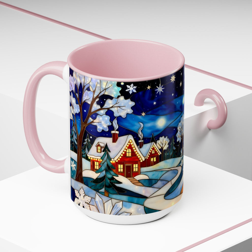 Stained Glass Christmas Village Mug, Winter Cottage Snow Scene Mug, Cozy Holiday Art Cup, Christmas Gift Mug 15oz
