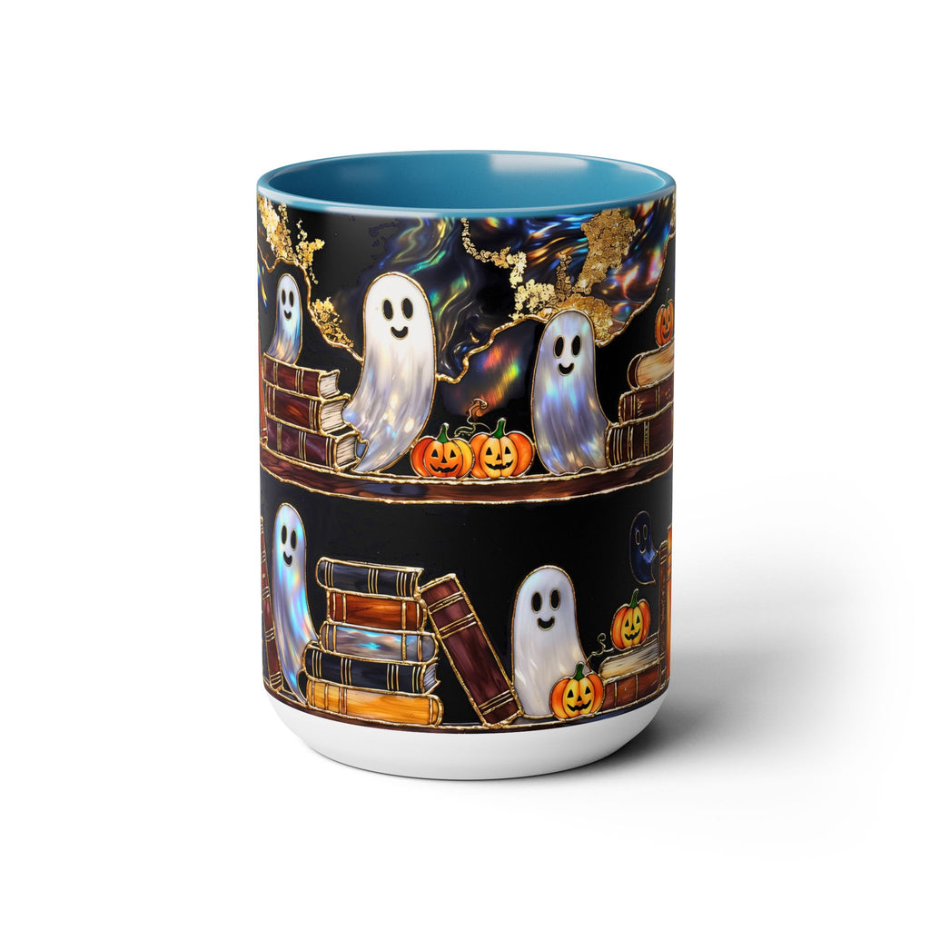 Halloween Ghost Bookshelf Mug, Cute Ghost Coffee Mug, Book Lover Gift, Spooky Books Mug, Fall Mug, Gothic Library Cup, Dark Academia Mug