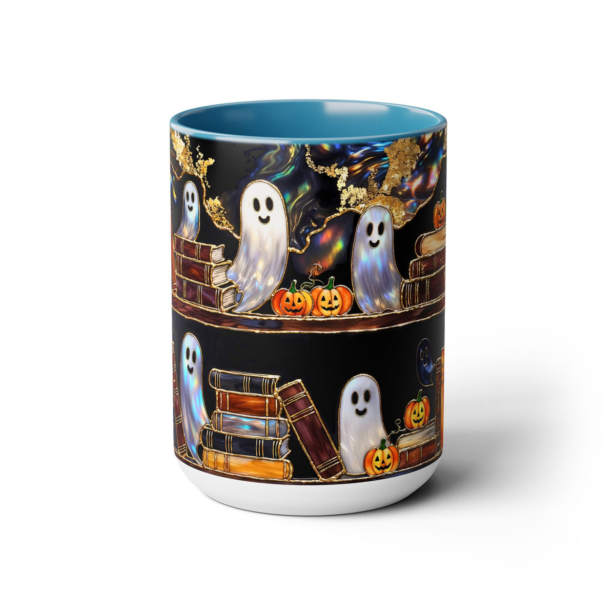 Halloween Ghost Bookshelf Mug, Cute Ghost Coffee Mug, Book Lover Gift, Spooky Books Mug, Fall Mug, Gothic Library Cup, Dark Academia Mug
