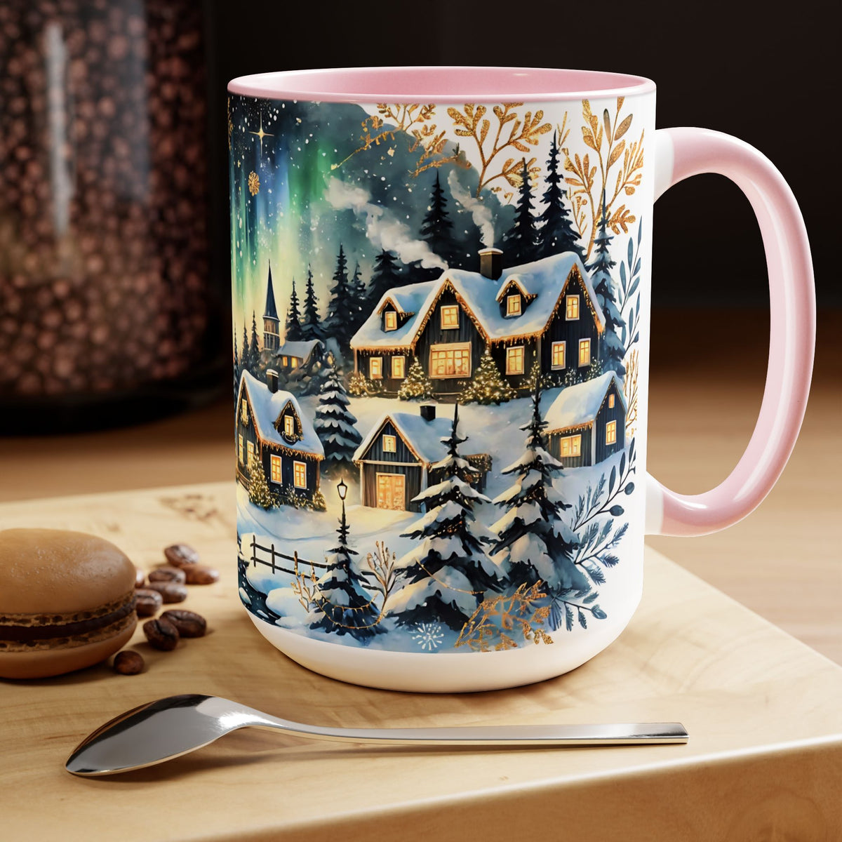 Christmas Village Mug, Christmas Cabin Mug, Merry Christmas Mug, Winter Mug, Unique Christmas Gift, Big Mug, Vintage Style Mug 15oz