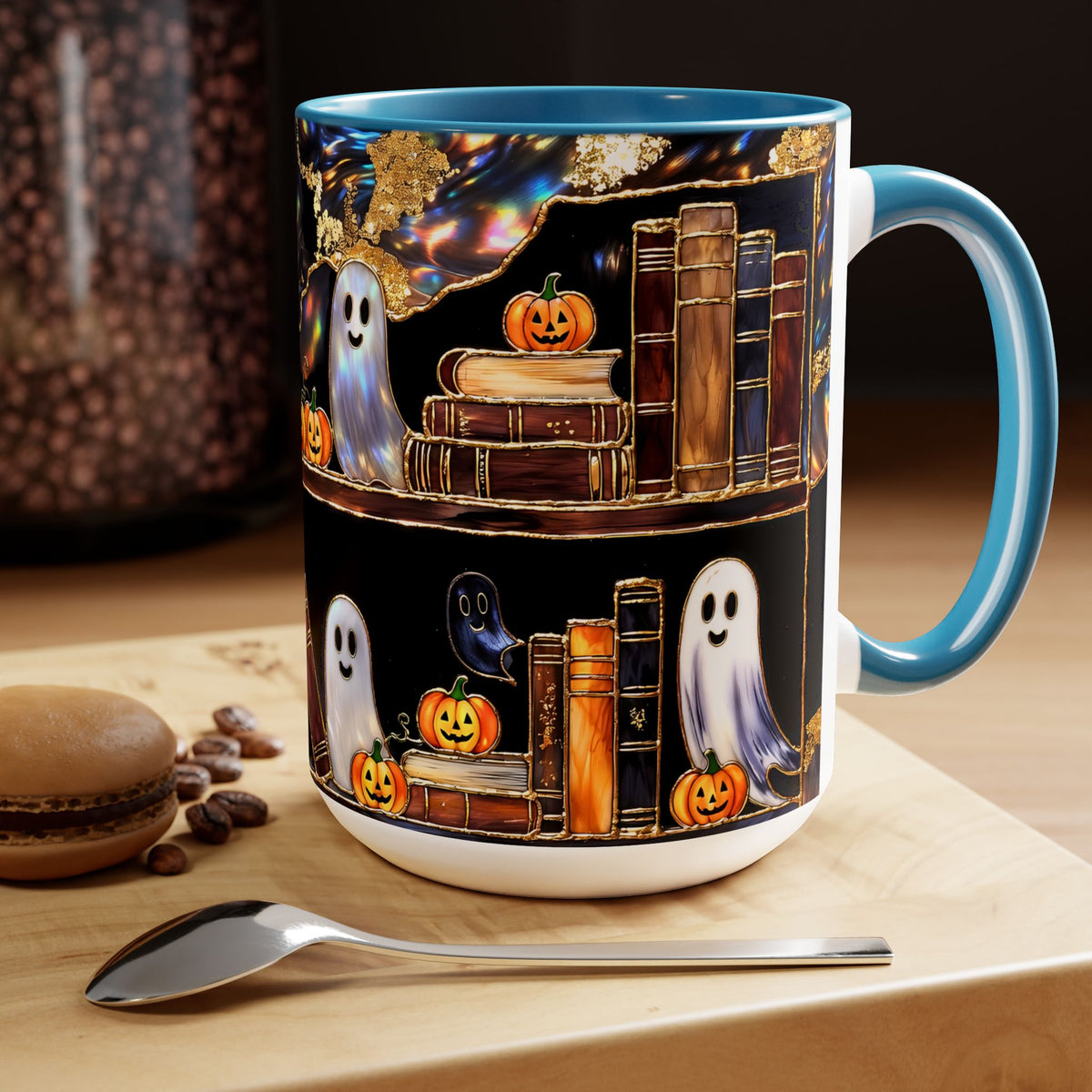 Halloween Ghost Bookshelf Mug, Cute Ghost Coffee Mug, Book Lover Gift, Spooky Books Mug, Fall Mug, Gothic Library Cup, Dark Academia Mug