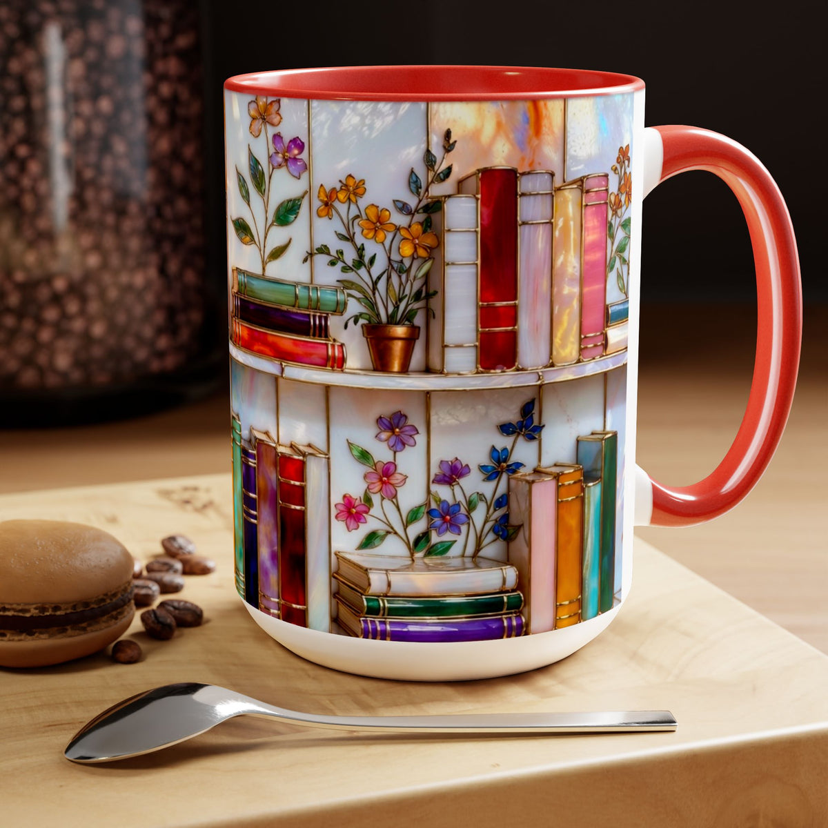 Floral Bookshelf Coffee Mug, Bookish Stained-Glass Style Mug, Book Lover Gift, Library Aesthetic Cup, Teacher Gift, Reading Mug 15oz