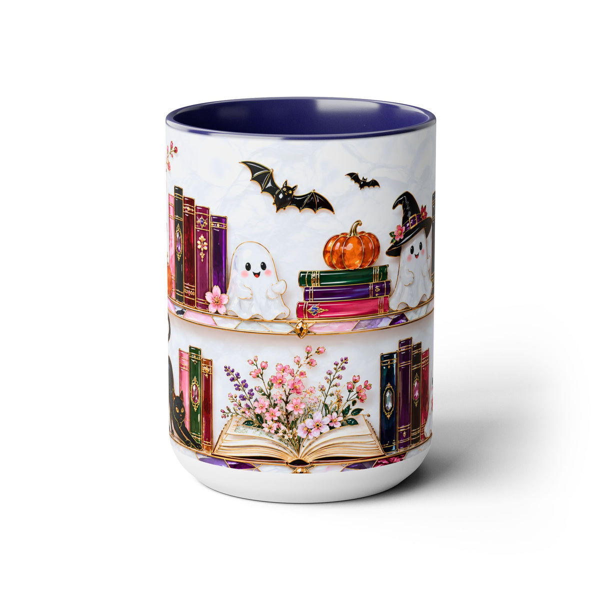 Halloween Ghost Bookshelf Mug, Black Cat Coffee Mug, Book Lover Gift, Witchy Ghost Mug, Spooky Library Cup, Fall Mug, Dark Academia Mug
