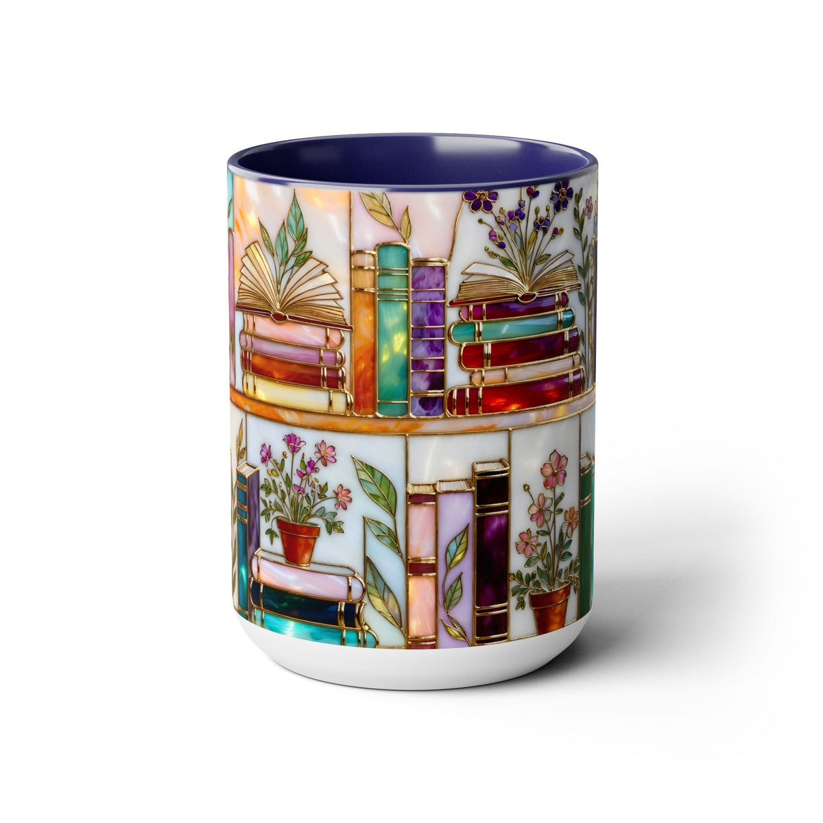 Floral Book Mug, Bookish Stained-Glass Style Mug, Book Lover Gift, Library Aesthetic Cup, Teacher Gift, Reading Mug 15oz