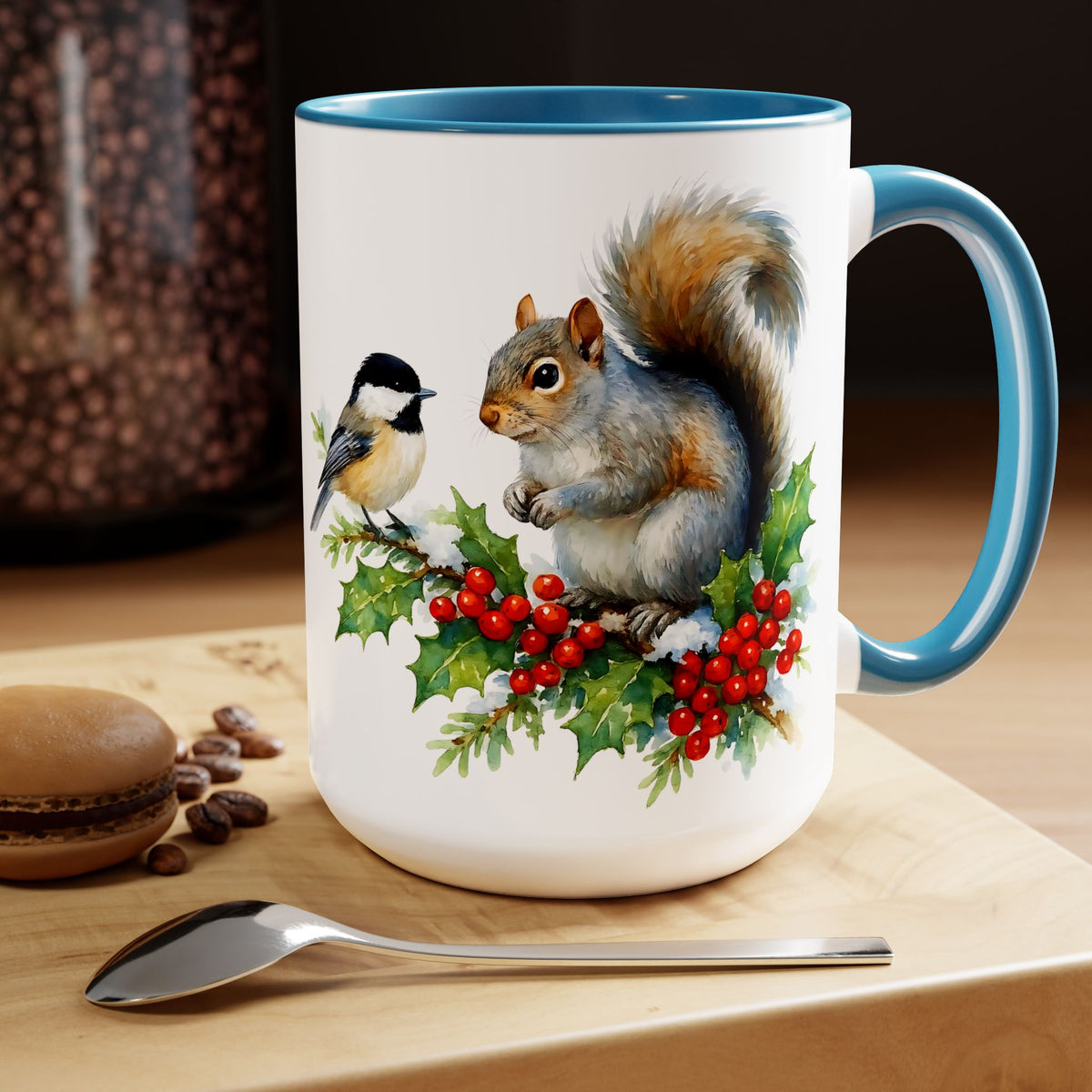 Squirrel and Chickadee Mug, Birds on Snowy Branch Mug, Woodland Retro Christmas Mug, Kitchen Decor Mug, Winter Mug, Squirrel Lover Mug 15oz