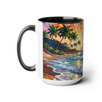 Stained Glass Style Ocean Beach Mug 15oz, Sunrise High Waves Coffee Cup, Palm Tree Coastal Art Cup, Tropical Beach Gift