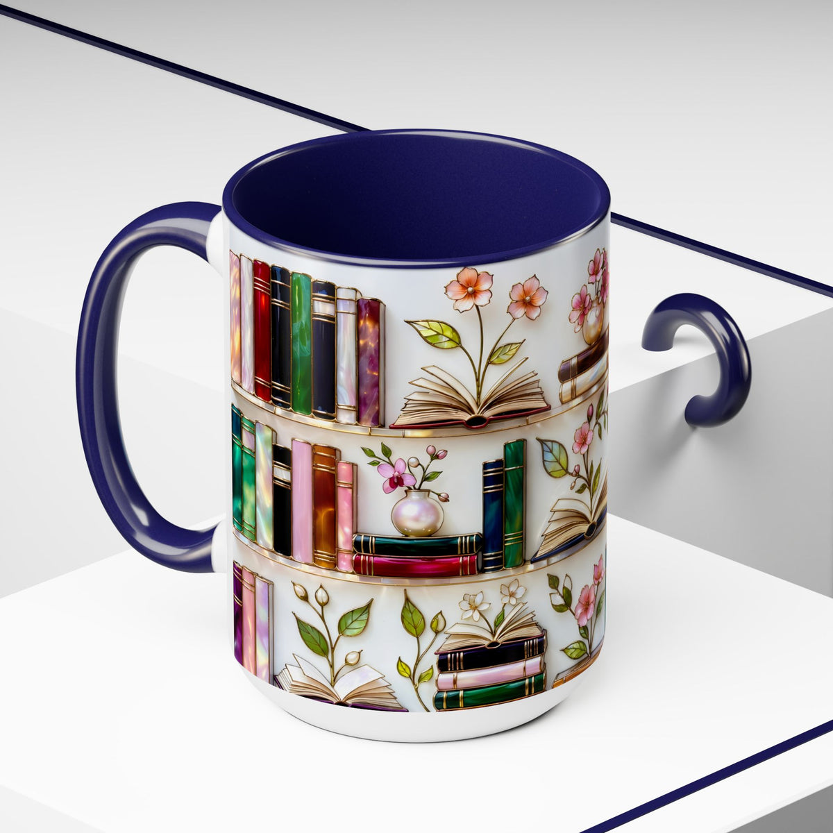 Stained Glass Bookshelf Mug, Book Lover Gift, Floral Bookish Cup, Library Aesthetic Mug, Ceramic Accent Mug, Reader Gift, Cozy Book Mug
