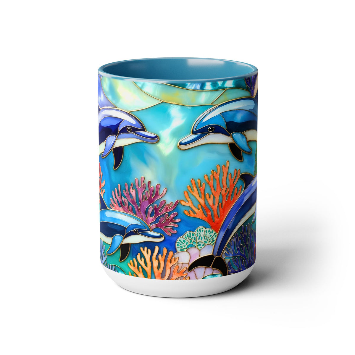 Dolphin Mug, Stained Glass Style Mug, Ocean Lover Gift, Ocean Lover Cup 15oz