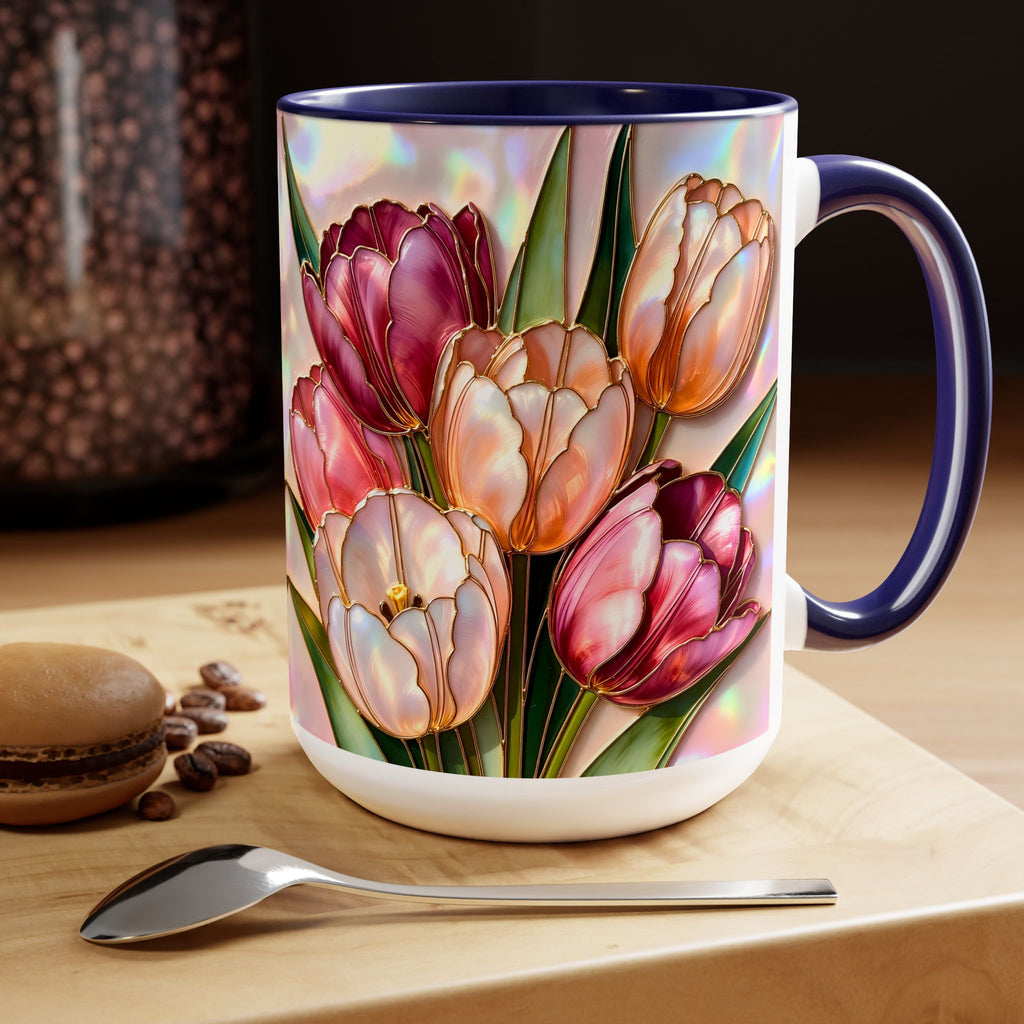 Stained Glass Style Tulip Mug, 15 oz, Pink & Peach Floral Coffee Cup, Spring Mug
