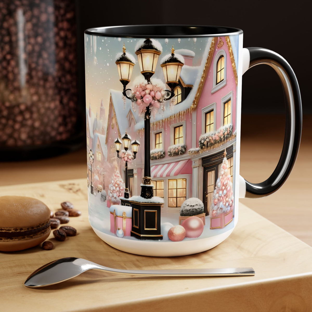 Pink Christmas Village Mug, Christmas Coffee Mug, Elegant Pastel Winter Village Ceramic Cup, Christmas Home Decor Kitchen, Winter Mug 15oz