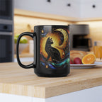 Black Cat Mug, Crescent Moon Halloween Cat Mug, Stained Galss Style Halloween Cat Mug, Dark Academia Witchy Stained Glass Cat Moon Cup 15oz