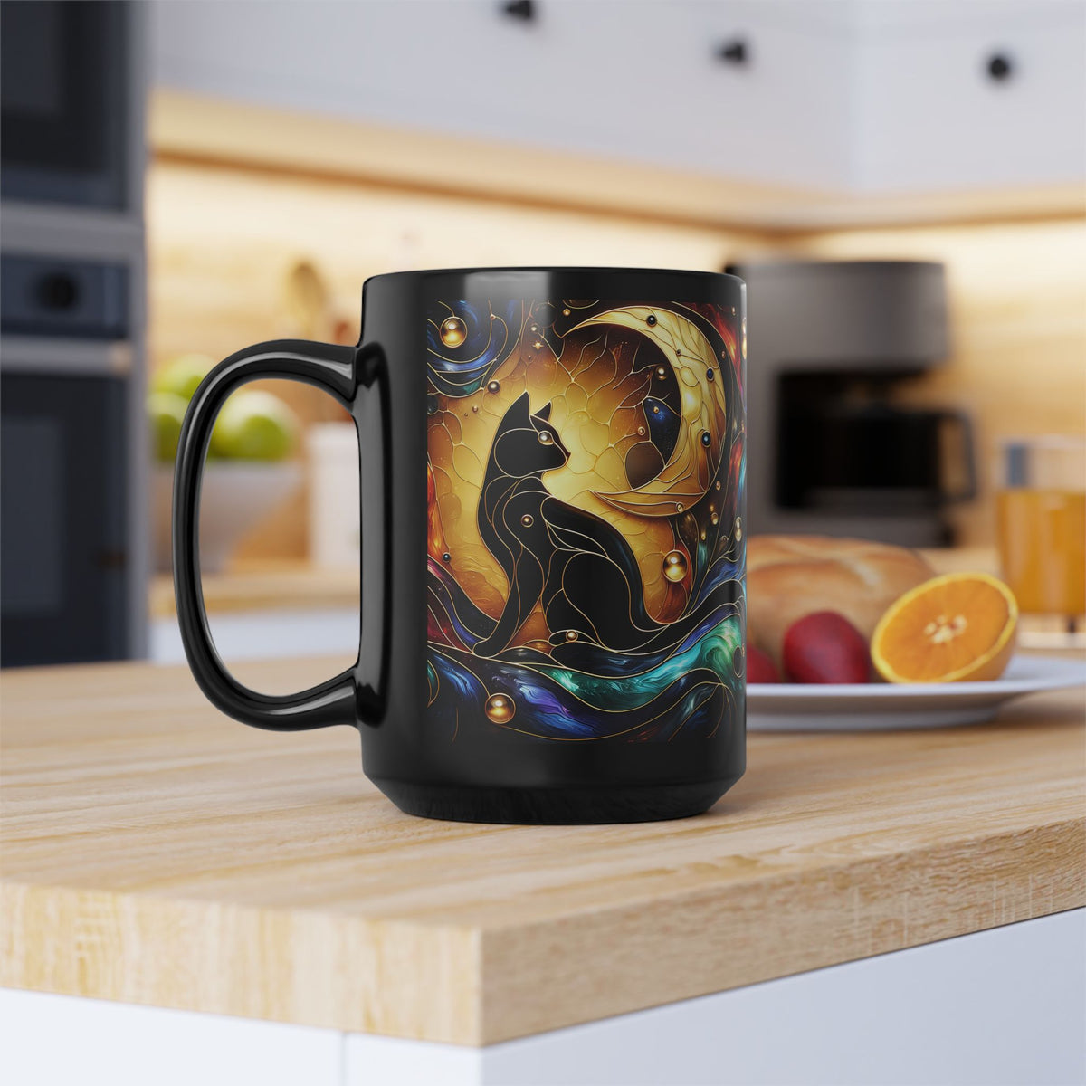 Black Cat Mug, Crescent Moon Halloween Cat Mug, Stained Galss Style Halloween Cat Mug, Dark Academia Witchy Stained Glass Cat Moon Cup 15oz