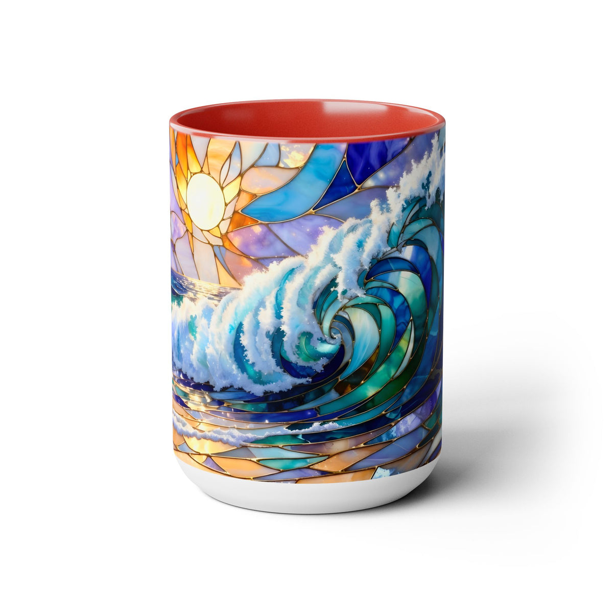 Stained Glass Style Ocean Wave Mug, Colorful Coastal Coffee Cup, Beach Sunrise Ceramic, Ocean Lover Gift Cup 15oz