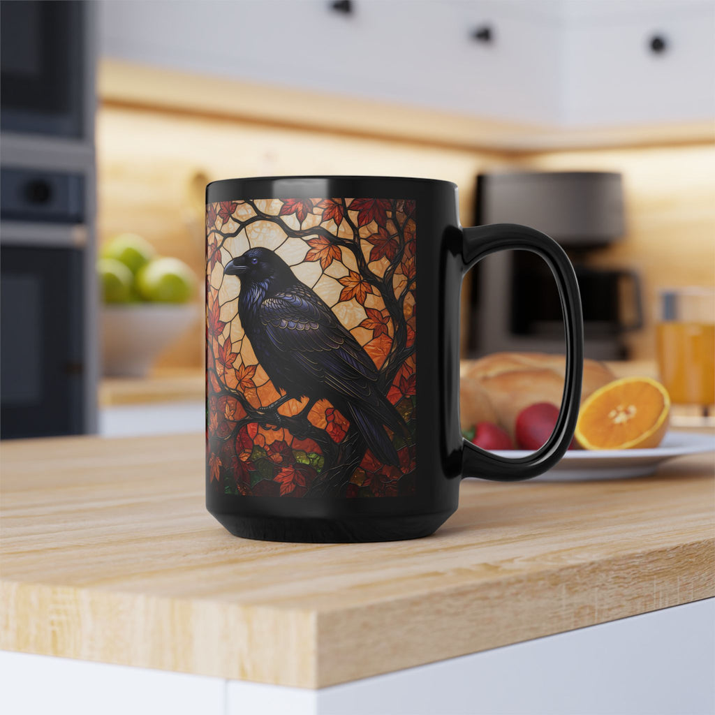 Raven Mug, Stained Glass Crow Coffee Mug, Gothic Raven Mug, Dark Academia Gift, Witchy Fall Mug, Bird Lover Gift, Halloween Cup 11oz, 15oz