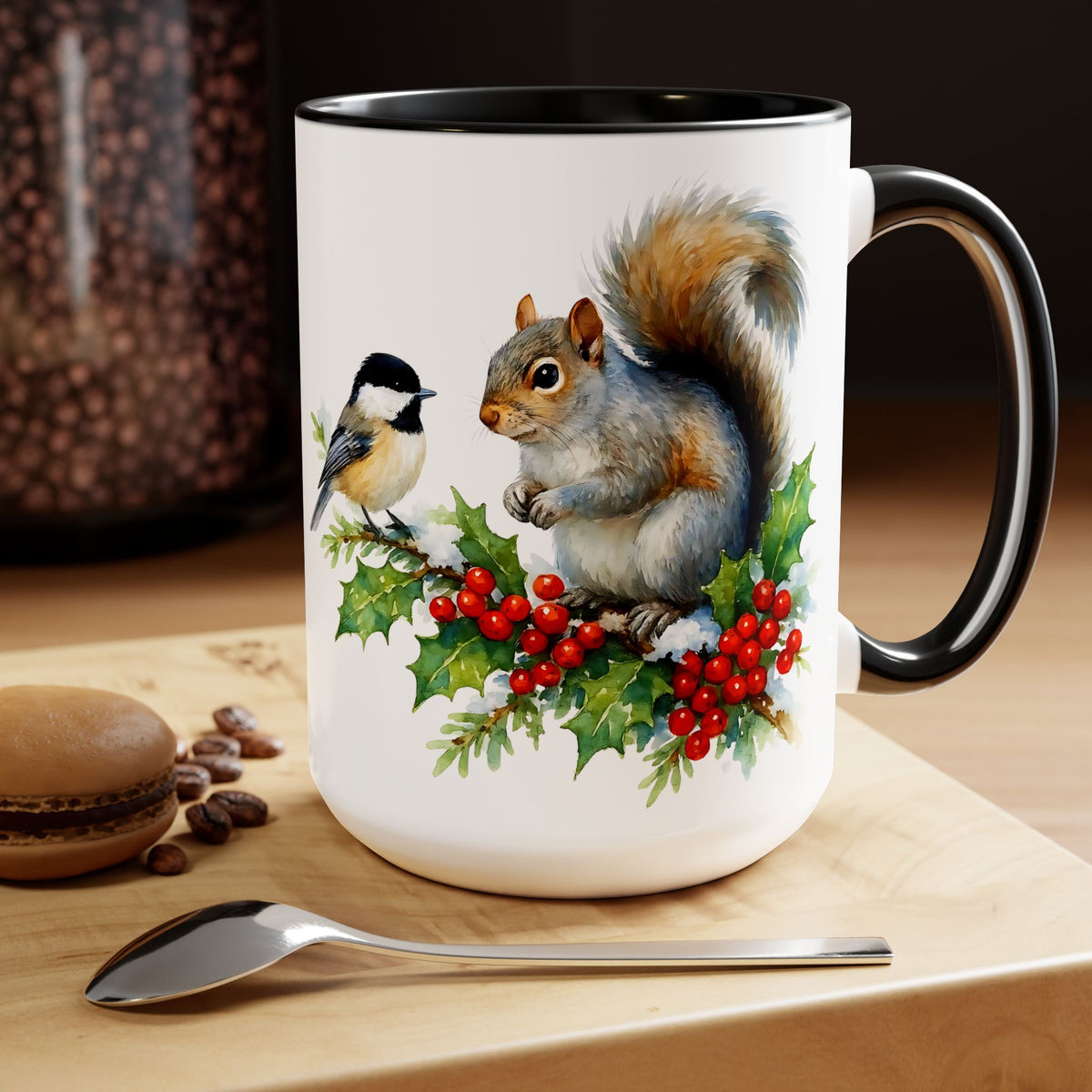 Squirrel and Chickadee Mug, Birds on Snowy Branch Mug, Woodland Retro Christmas Mug, Kitchen Decor Mug, Winter Mug, Squirrel Lover Mug 15oz