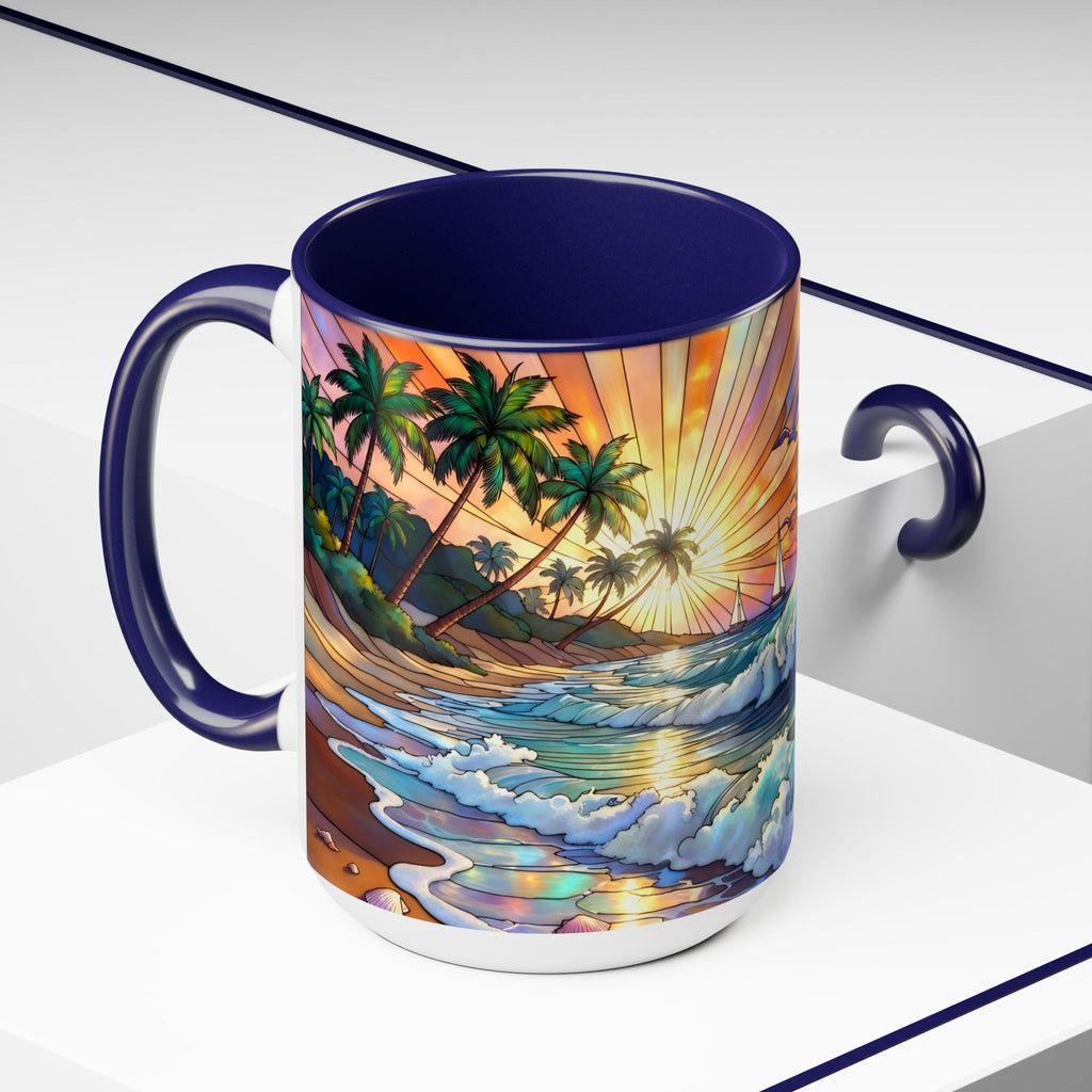 Stained Glass Style Ocean Beach Mug 15oz, Sunrise High Waves Coffee Cup, Palm Tree Coastal Art Cup, Tropical Beach Gift