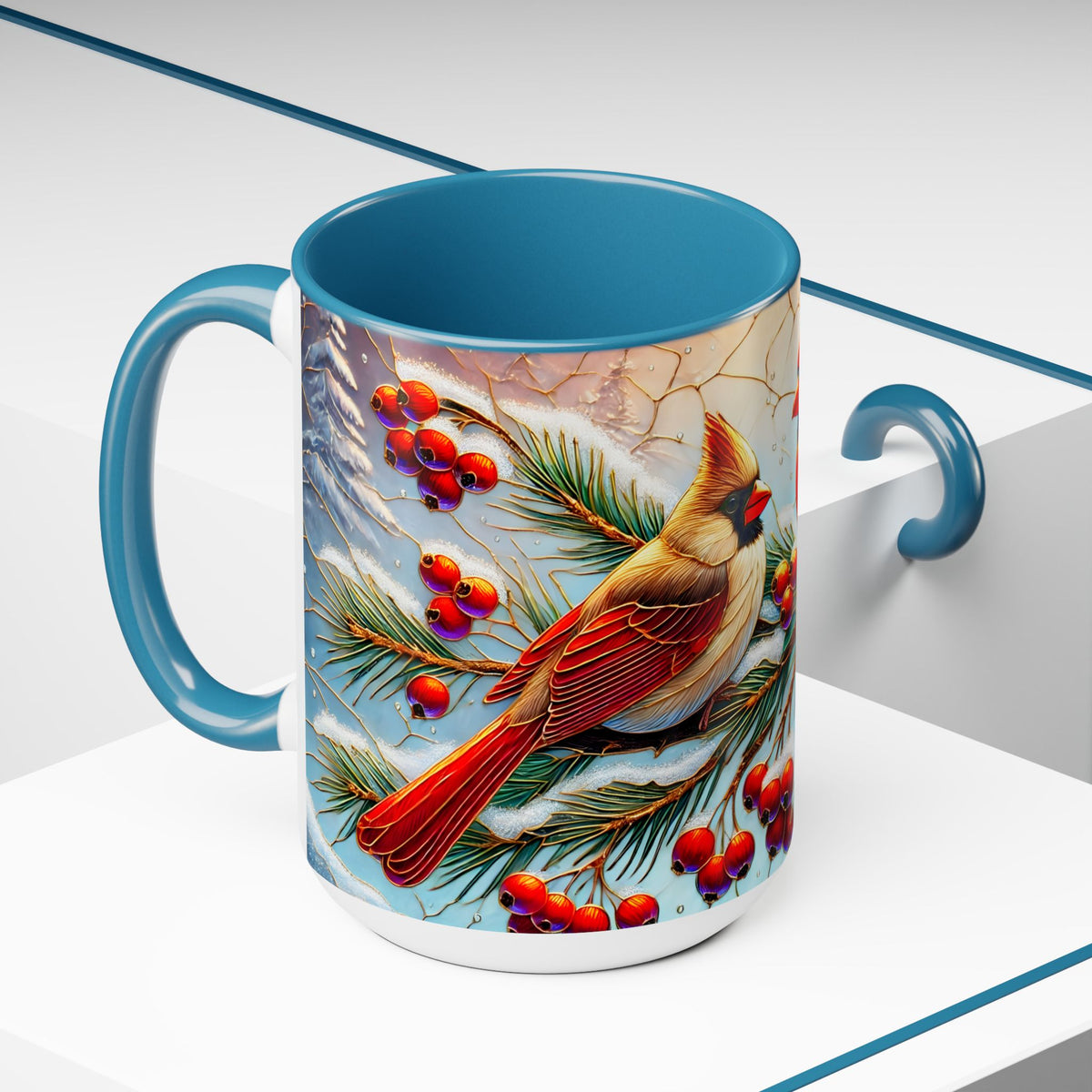 Cardinal Winter Mug, Stained Glass Style Birds on Snowy Branch Mug, Bird Retro Christmas Mug 15oz