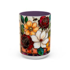 Floral Bookshelf Mug, Stained Glass Style Flowers & Bees Mug 15oz, Garden Book Lover Gift