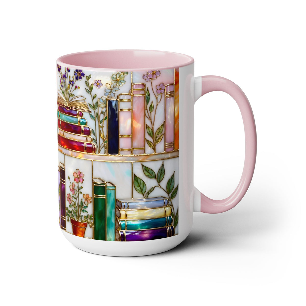 Floral Book Mug, Bookish Stained-Glass Style Mug, Book Lover Gift, Library Aesthetic Cup, Teacher Gift, Reading Mug 15oz