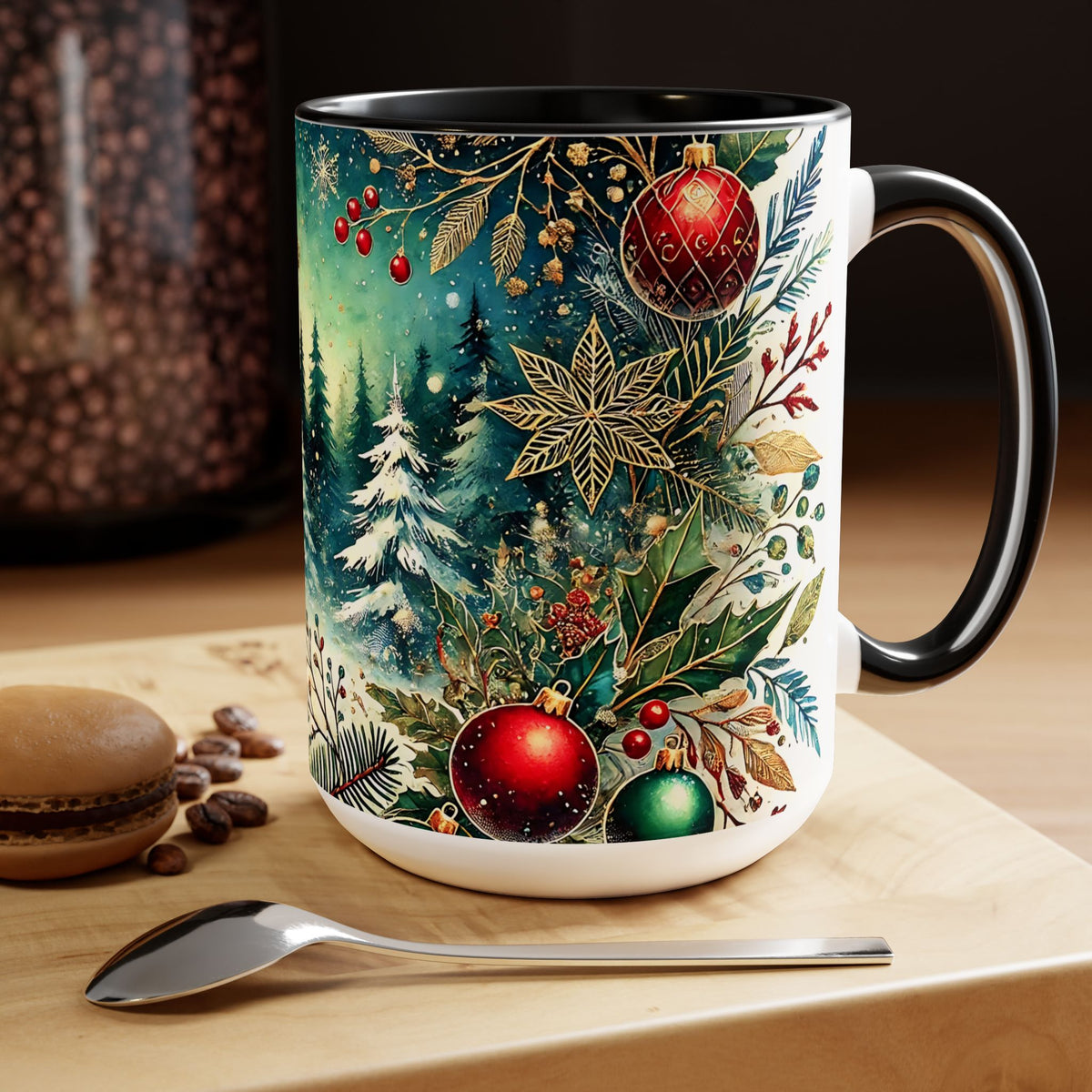 Christmas Mug, Vintage Style Holiday Mug, Christmas Tree Mug, Christmas Coffee Mug, Christmas Forest Mug, Kitchen Decor Mug, Forest Mug 15oz