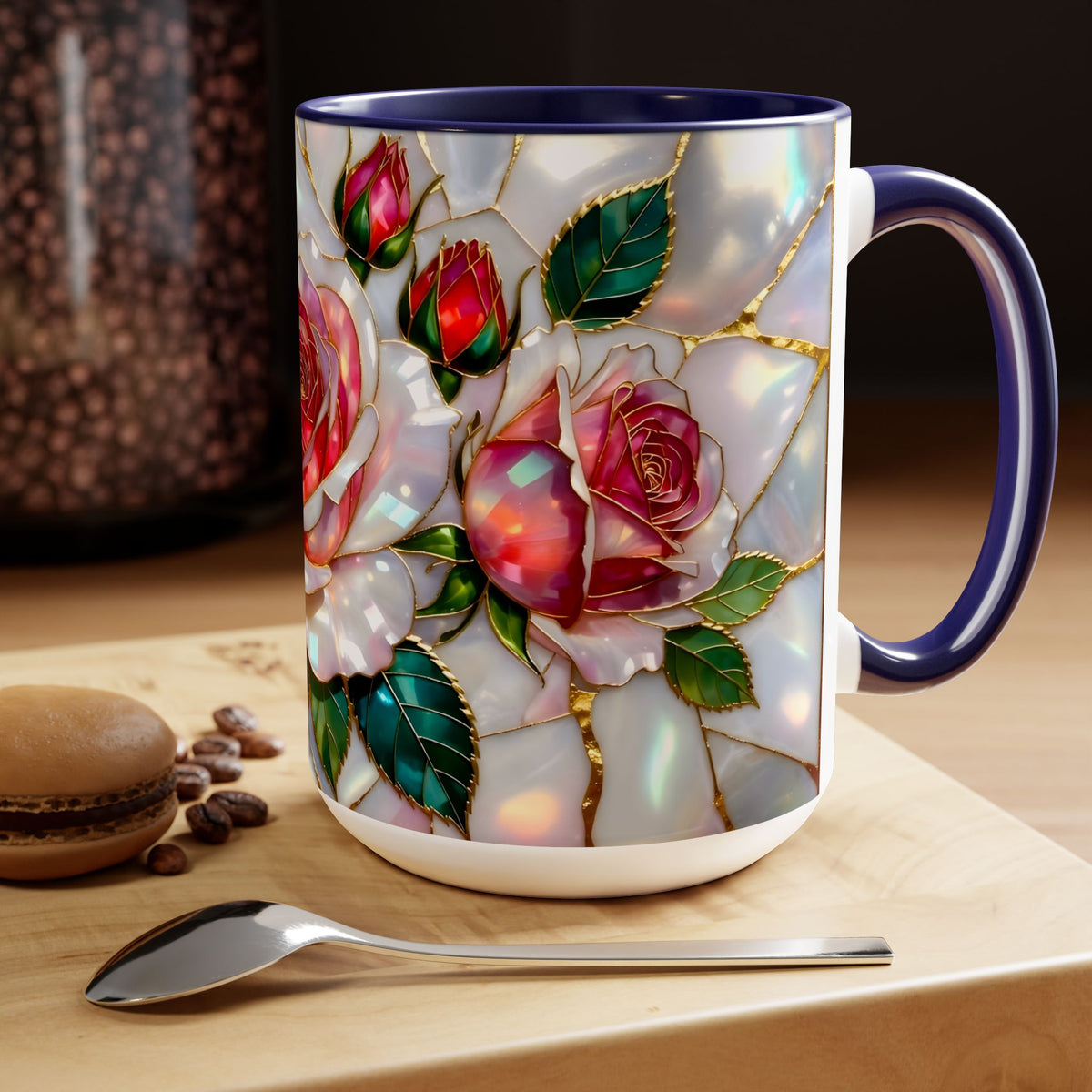 Stained Glass Style Rose Mug, Cottagecore Floral Ceramic Coffee Cup, Vintage Style Ceramic Drinkware, Boho Mug