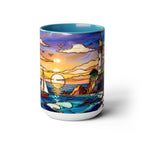Lighthouse Sunset Mug, Coastal Stained Glass Style Coffee Cup 15oz, Nautical Coffee Mug