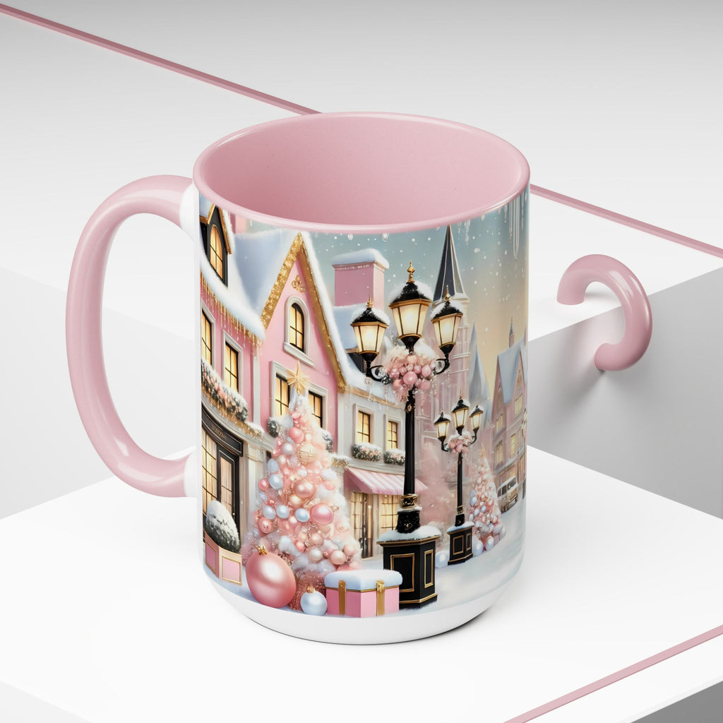 Pink Christmas Village Mug, Christmas Coffee Mug, Elegant Pastel Winter Village Ceramic Cup, Christmas Home Decor Kitchen, Winter Mug 15oz