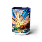 Lighthouse Sunset Mug, Coastal Stained Glass Style Coffee Cup, Nautical Coffee Mug 15oz