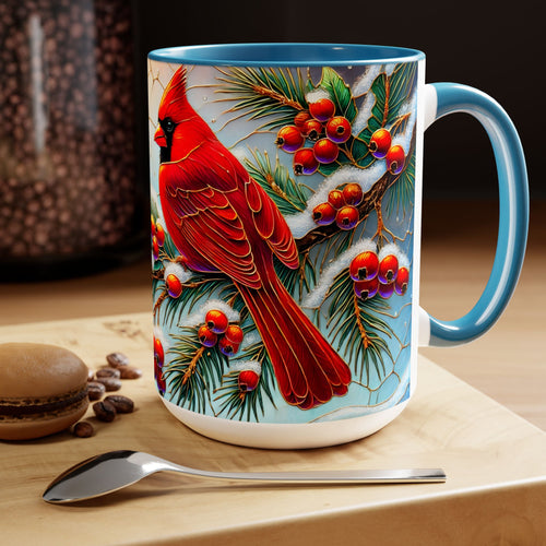 Cardinal Winter Mug, Stained Glass Style Birds on Snowy Branch Mug, Bird Retro Christmas Mug 15oz