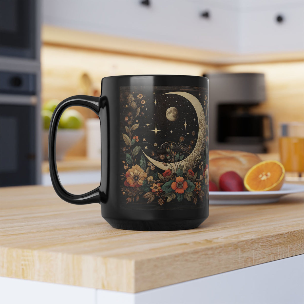 Crescent Moon Wildflower Mug, Dark Cottagecore Design Coffee Mug, Dark Aesthetic Ceramic Cup, Decor Gothic Floral Art Print Mug Witchy 15oz