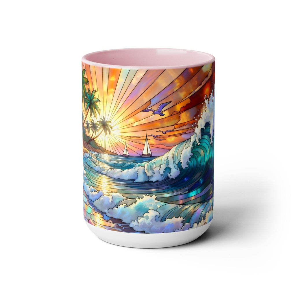 Stained Glass Style Ocean Beach Mug 15oz, Sunrise High Waves Coffee Cup, Palm Tree Coastal Art Cup, Tropical Beach Gift