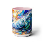 Stained Glass Style Ocean Wave Mug, Colorful Coastal Coffee Cup, Beach Sunrise Ceramic, Ocean Lover Gift Cup 15oz