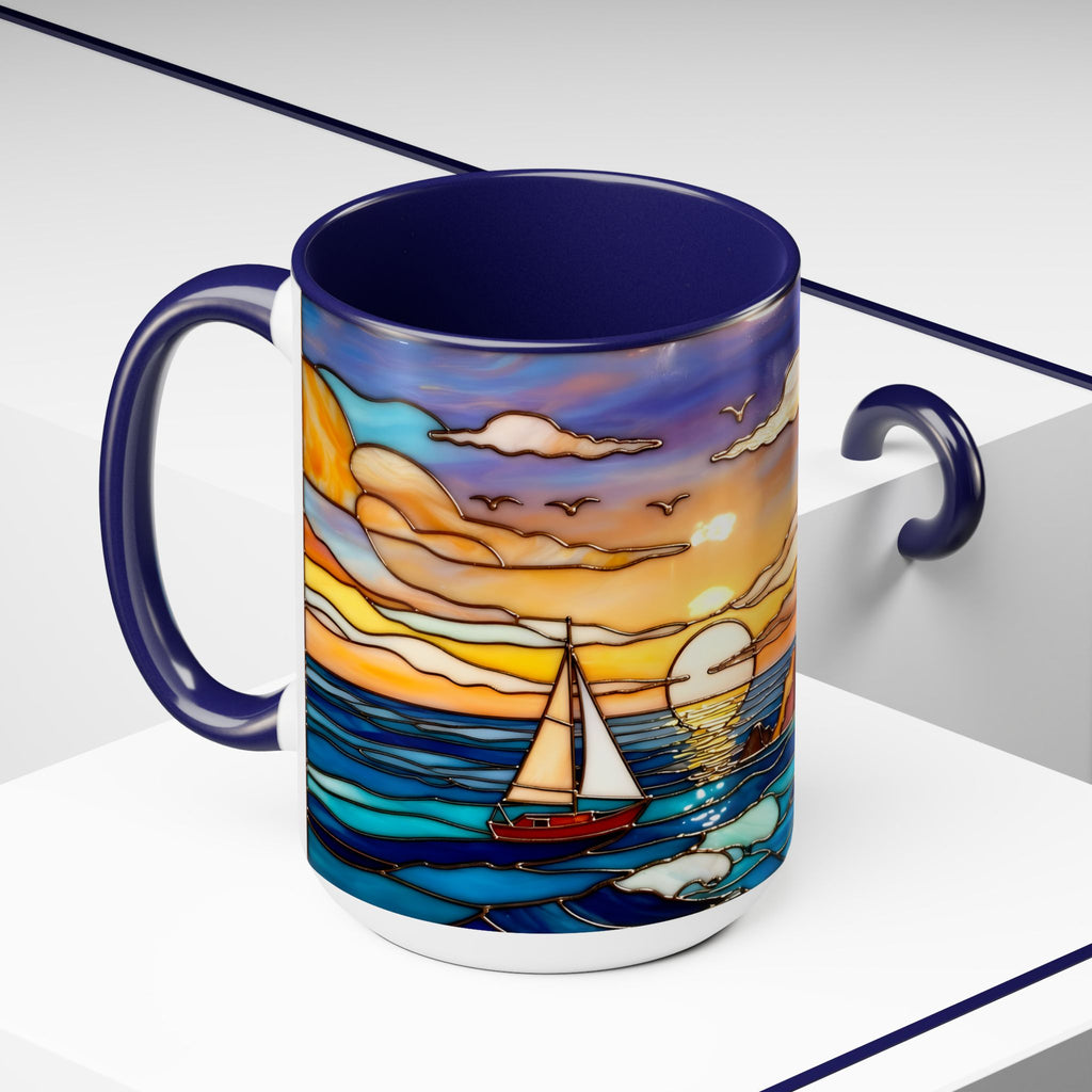 Lighthouse Sunset Mug, Coastal Stained Glass Style Coffee Cup 15oz, Nautical Coffee Mug