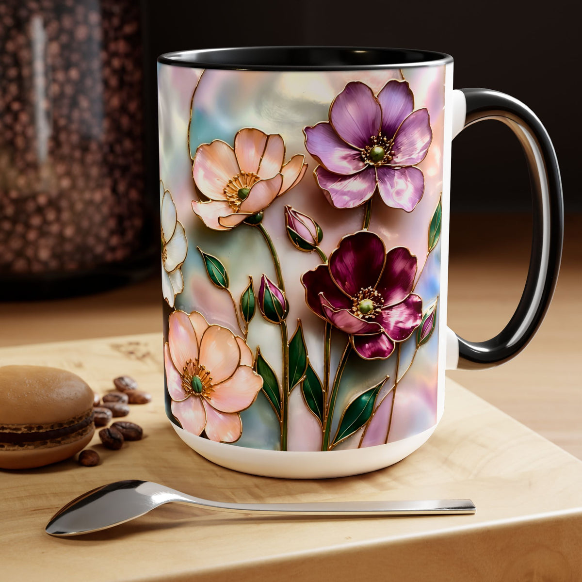 Stained Glass Style Floral Mug, 15 oz, Pink, Purple & Peach Wildflowers Cup