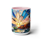 Lighthouse Sunset Mug, Coastal Stained Glass Style Coffee Cup, Nautical Coffee Mug 15oz