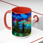 Stained Glass Style Sunset Mountains Coffee Mug, Pine Forest Cup Gift 15oz