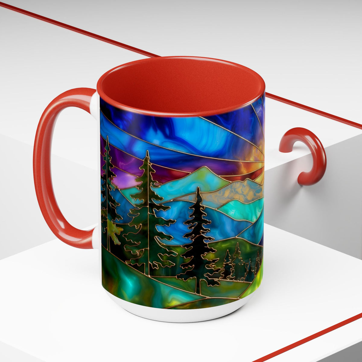 Stained Glass Style Sunset Mountains Coffee Mug, Pine Forest Cup Gift 15oz